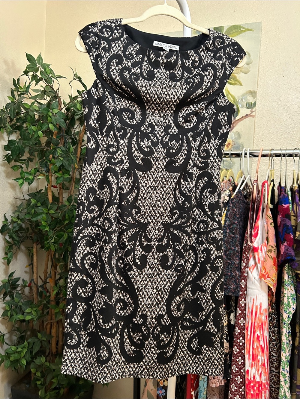 Maggy London Black and Cream Scroll-Pattern Sheath Dress